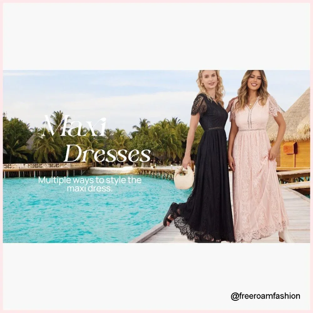 Floral Lace Maxi Dress V-Neck Short Sleeve A-Line Formal Wedding Party - Picture 7 of 7